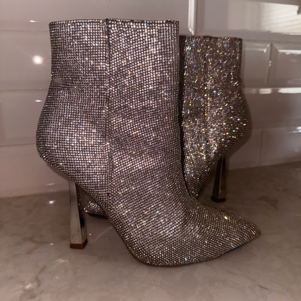 Steve Madden Silver Crystal Pointed Ankle Boots
